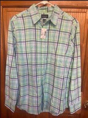 The Children's Place Mint Green and Light Blue Plaid Button-Down Shirt